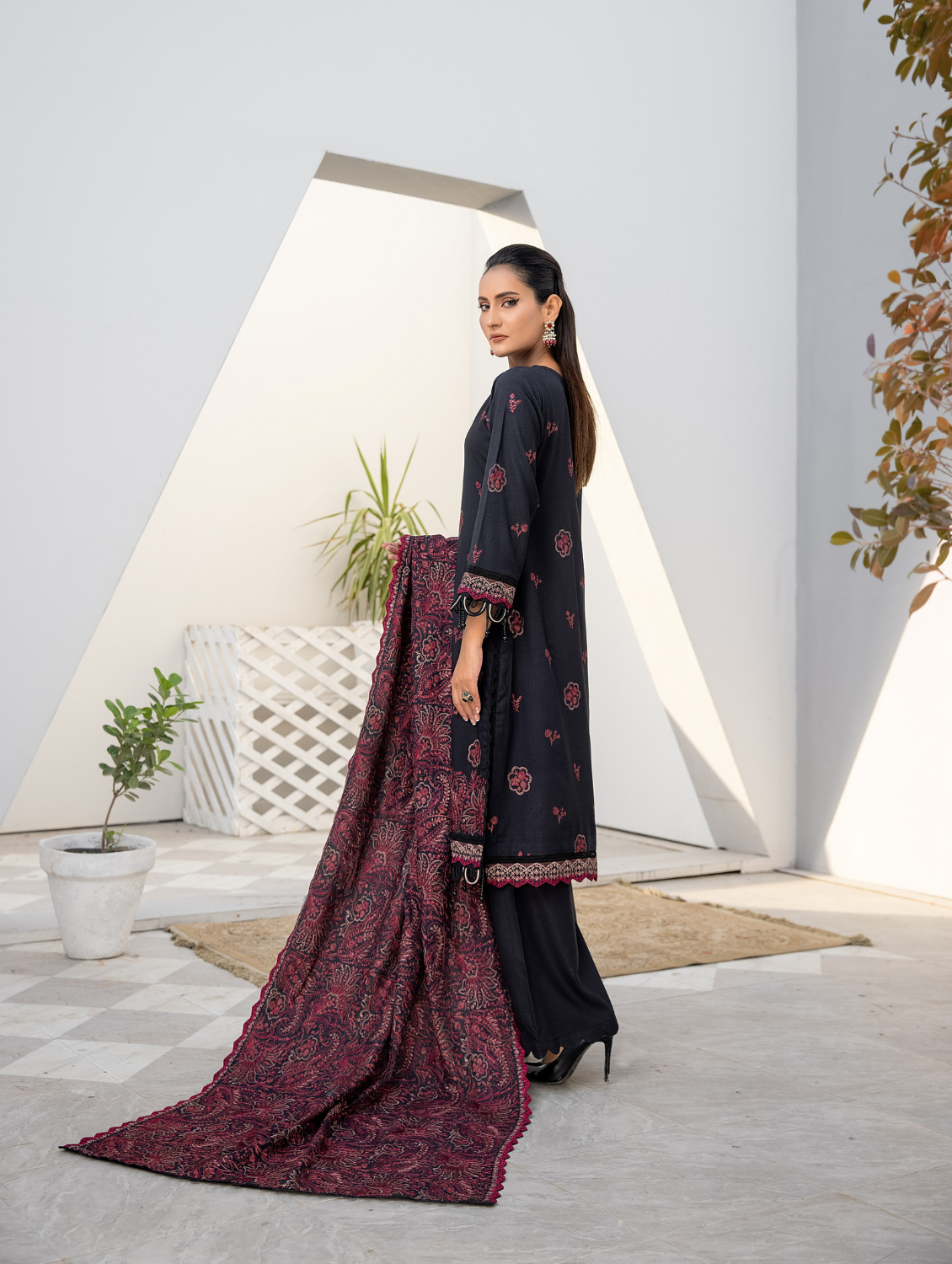 Black Maroon Embroidered Dhanak 3 Piece