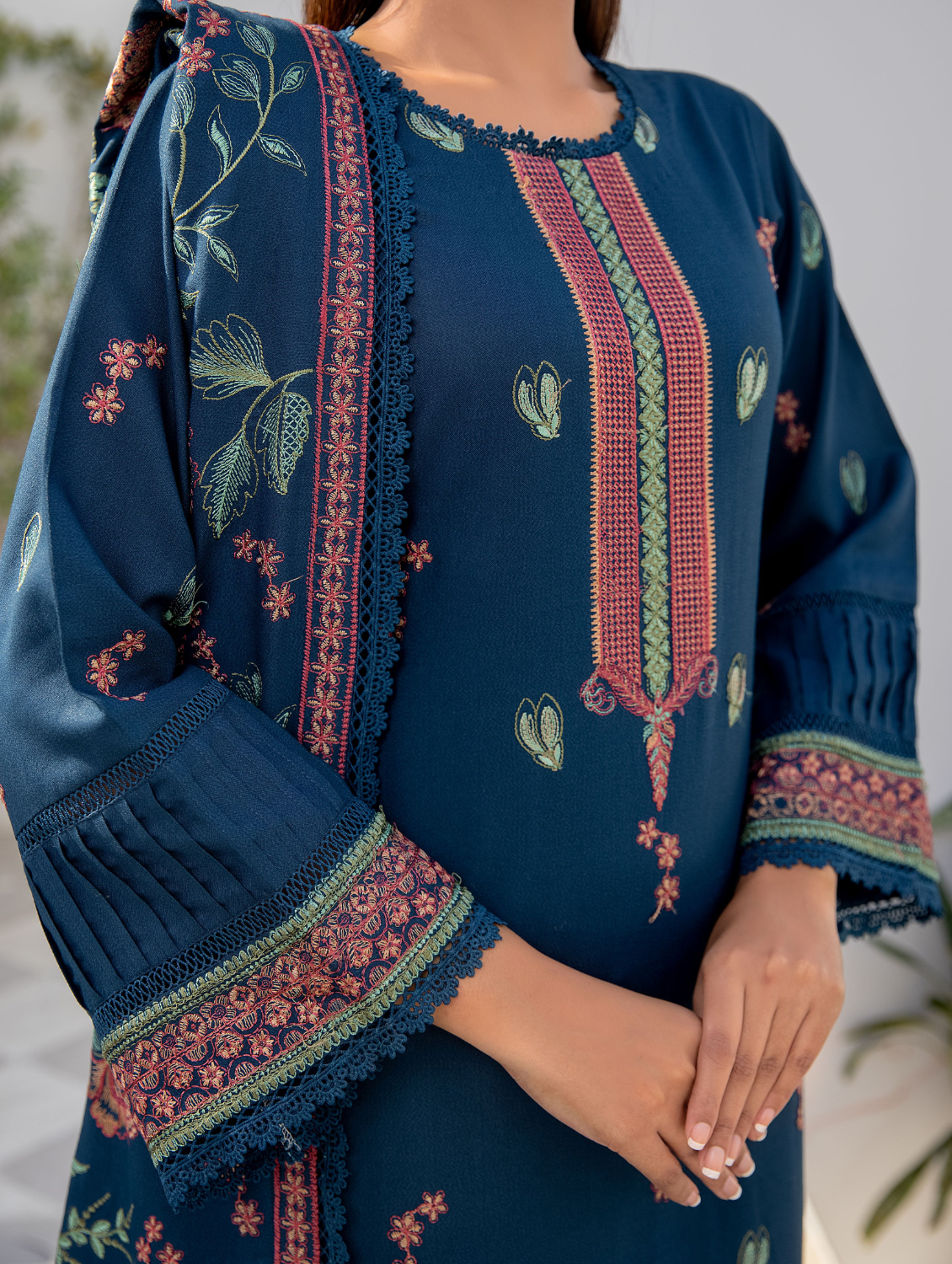 Teal Bloom Embroidered Dhanak 3 Piece