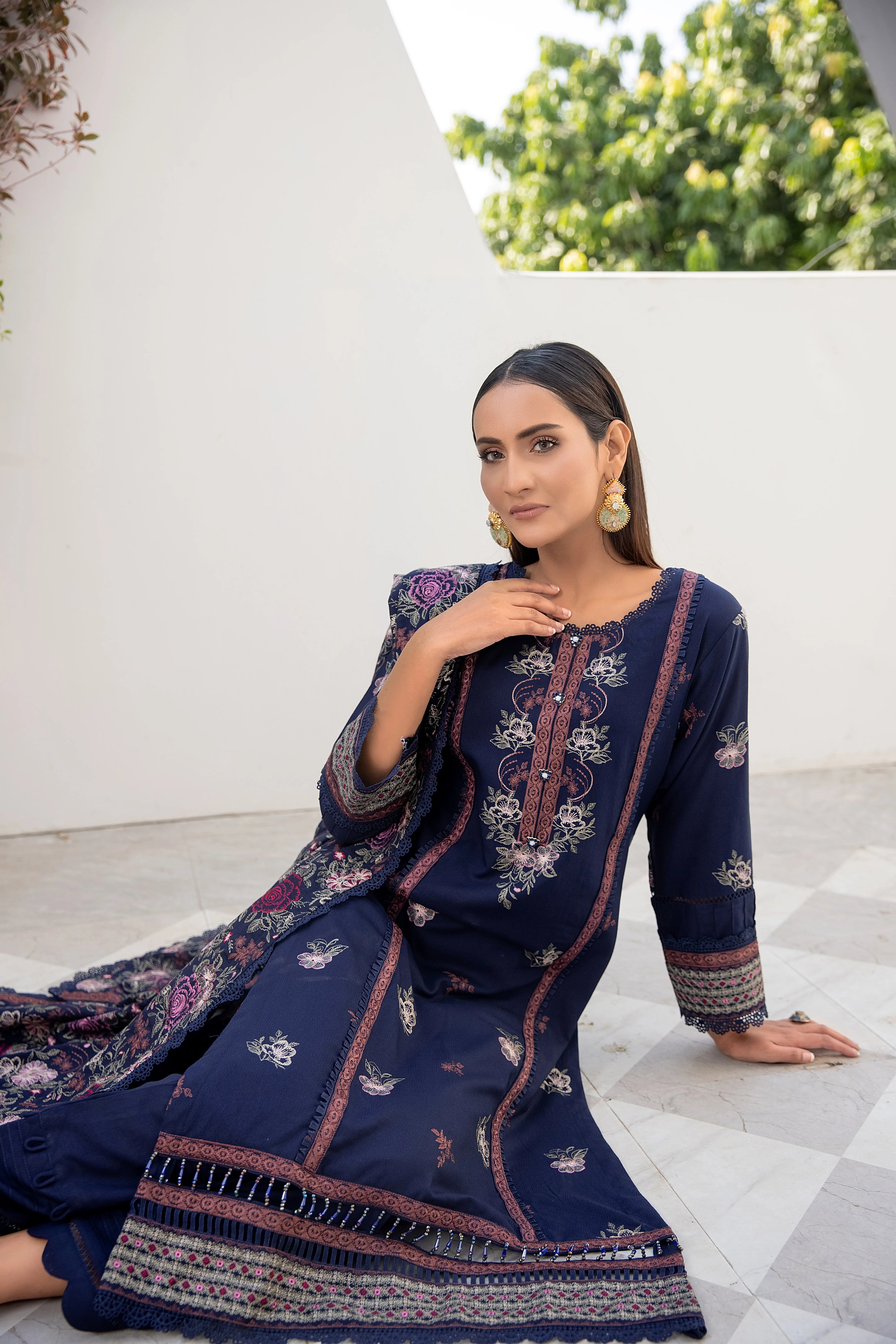 Midnight Navy Embroidered Dhanak 3 Piece