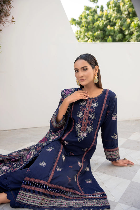 Midnight Navy Embroidered Dhanak 3 Piece