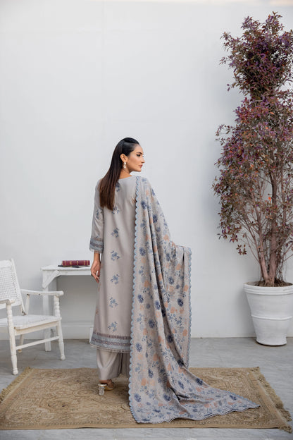 Grey Embroidered Dhanak 3 Piece