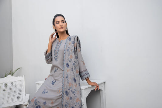 Grey Embroidered Dhanak 3 Piece