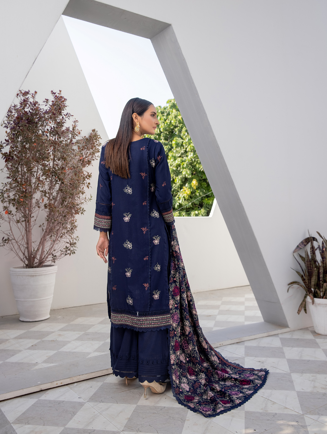 Midnight Navy Embroidered Dhanak 3 Piece