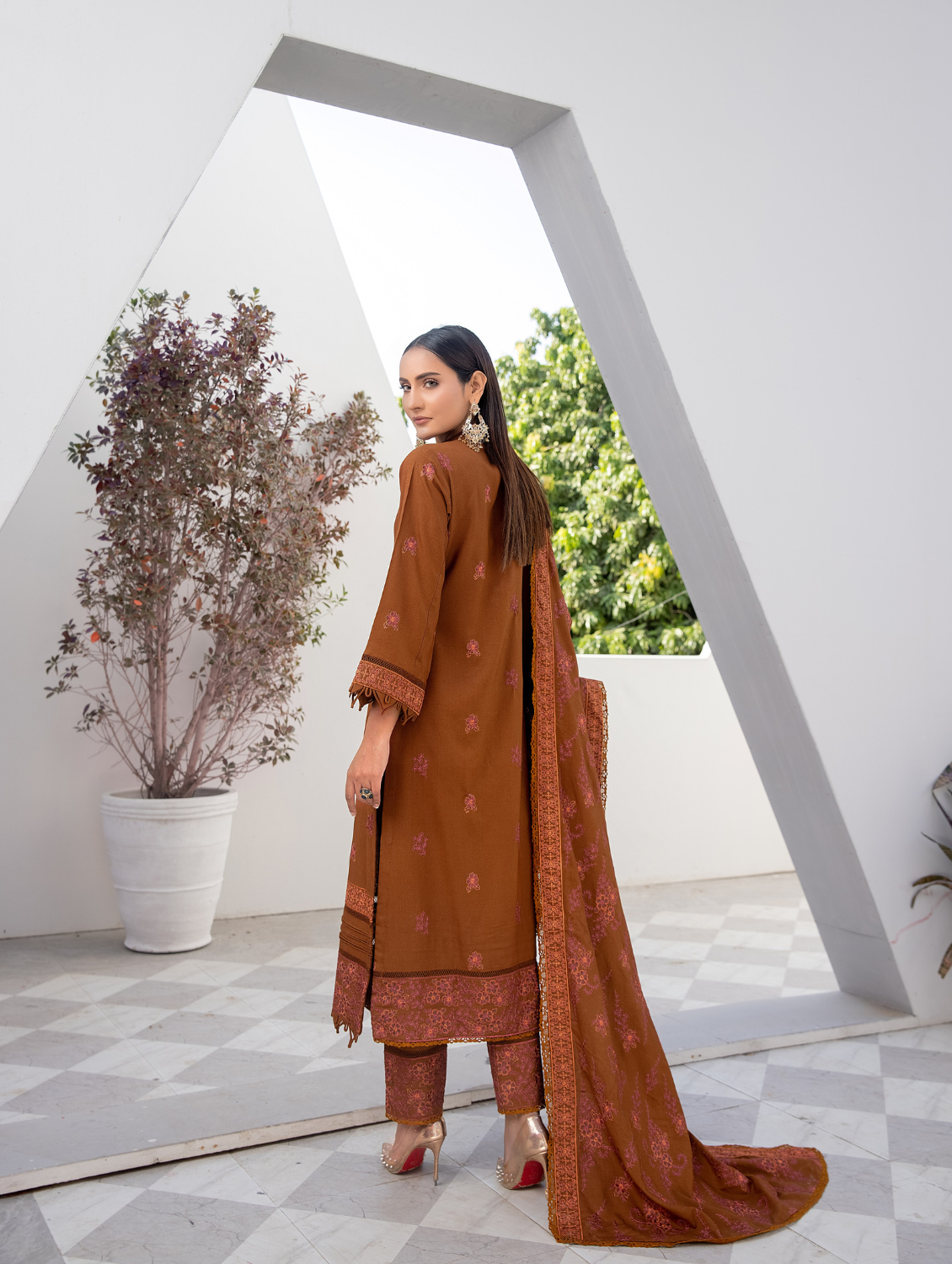 Rust Embroidered Dhanak 3 Piece
