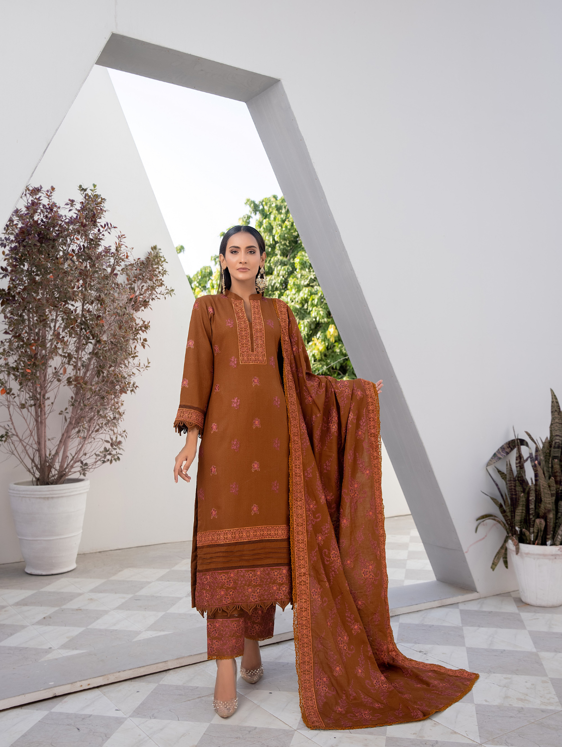 Rust Embroidered Dhanak 3 Piece
