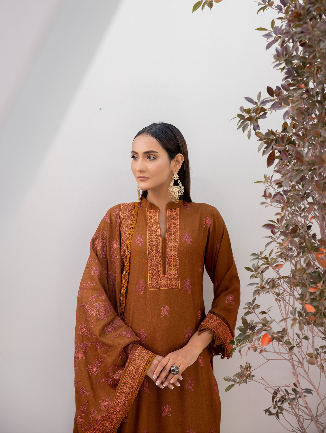 Rust Embroidered Dhanak 3 Piece