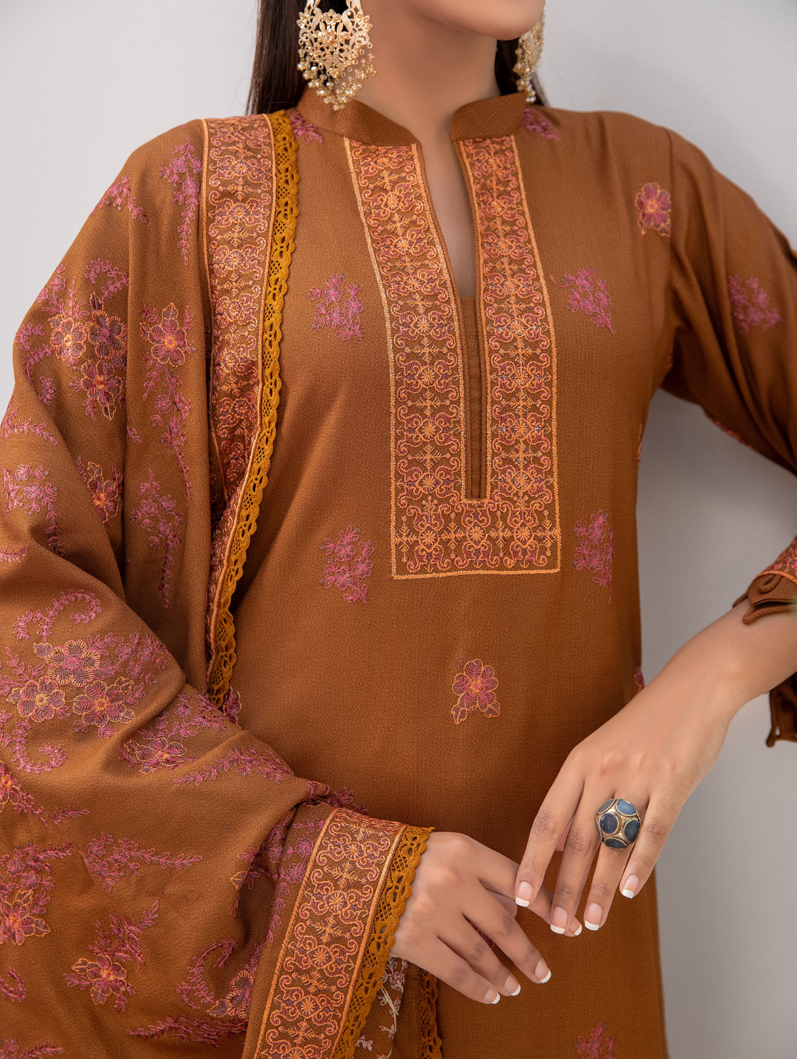 Rust Embroidered Dhanak 3 Piece