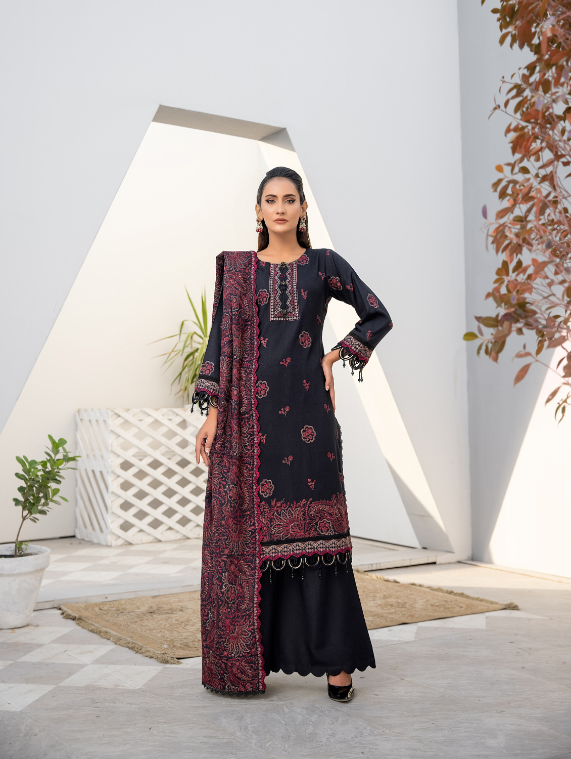 Black Maroon Embroidered Dhanak 3 Piece