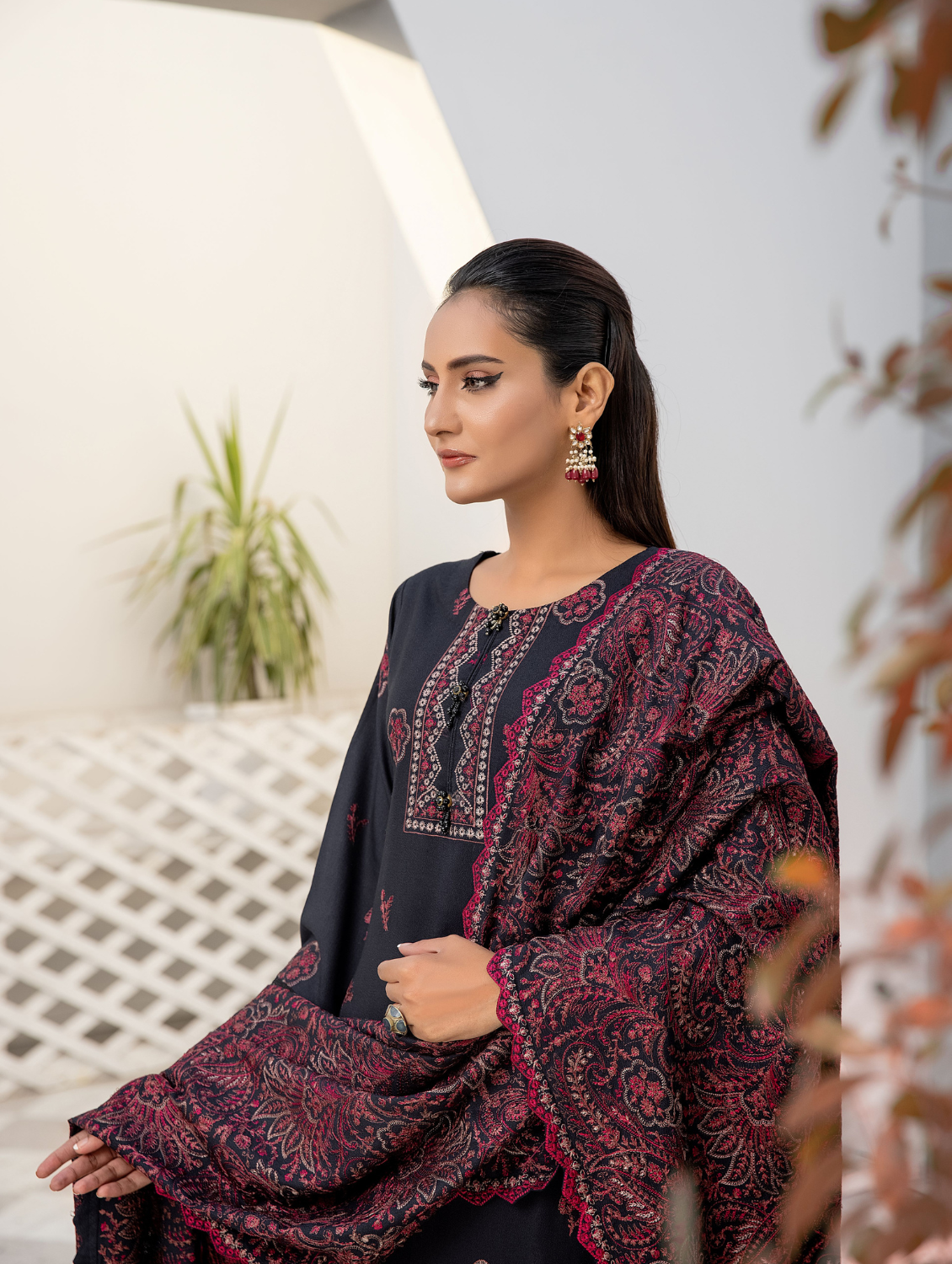 Black Maroon Embroidered Dhanak 3 Piece