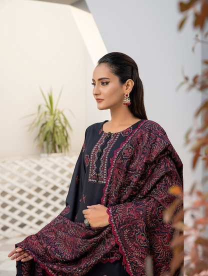 Black Maroon Embroidered Dhanak 3 Piece