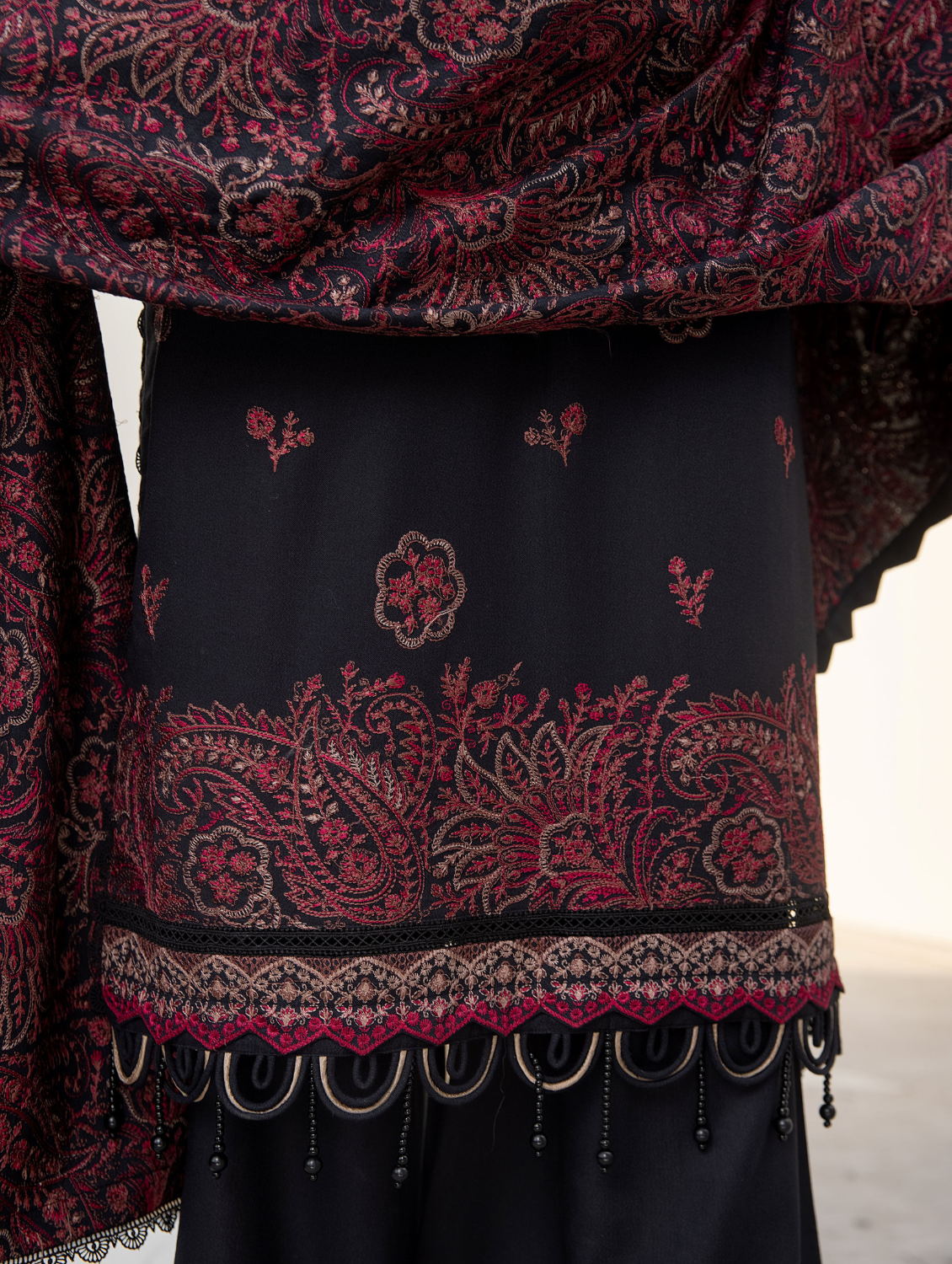 Black Maroon Embroidered Dhanak 3 Piece