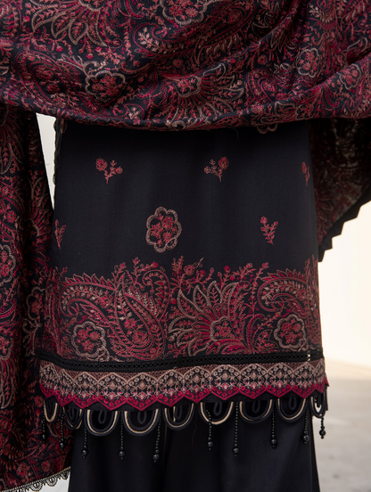 Black Maroon Embroidered Dhanak 3 Piece