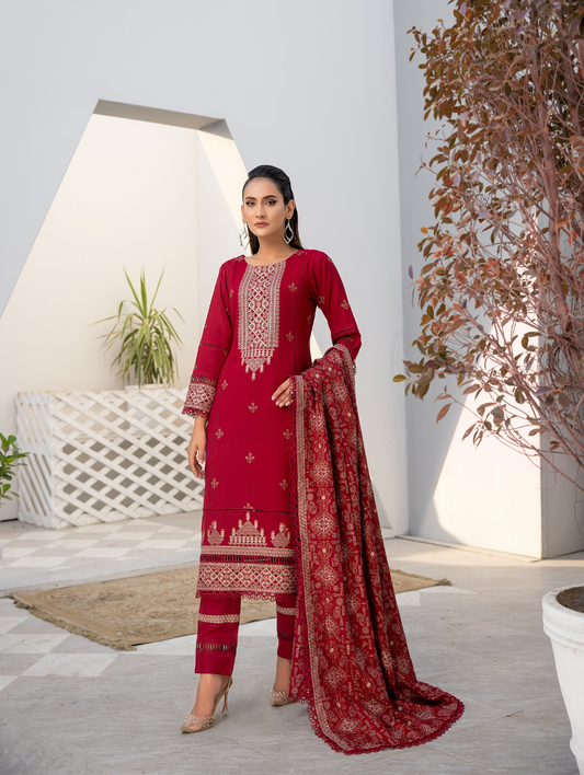 Red Embroidered Dhanak 3 Piece