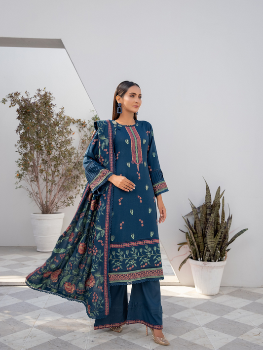 Teal Bloom Embroidered Dhanak 3 Piece