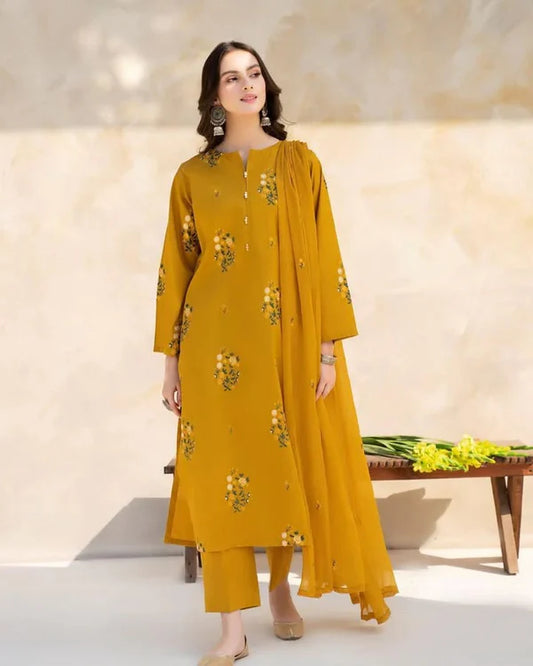 Mustard Embroidered 3pc