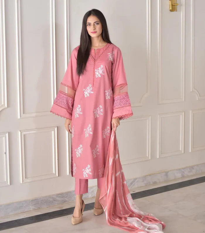 Pink Embroidered 3Piece with Monark  Dupatta