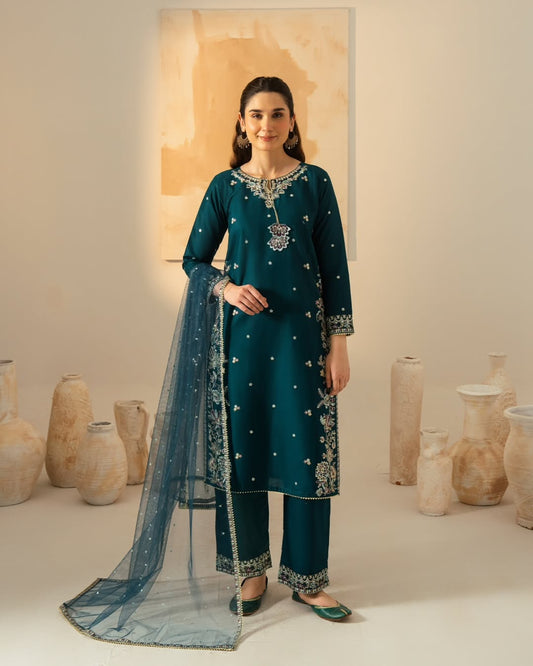 Teal glam Embroidered 3 piece Stitch