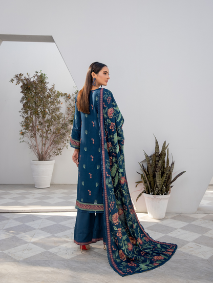 Teal Bloom Embroidered Dhanak 3 Piece