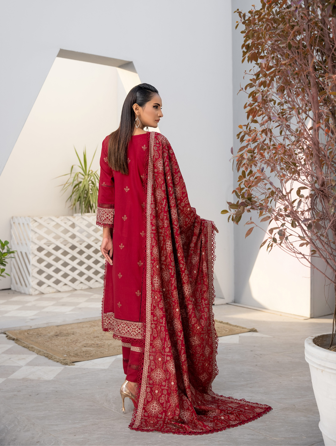 Red Embroidered Dhanak 3 Piece