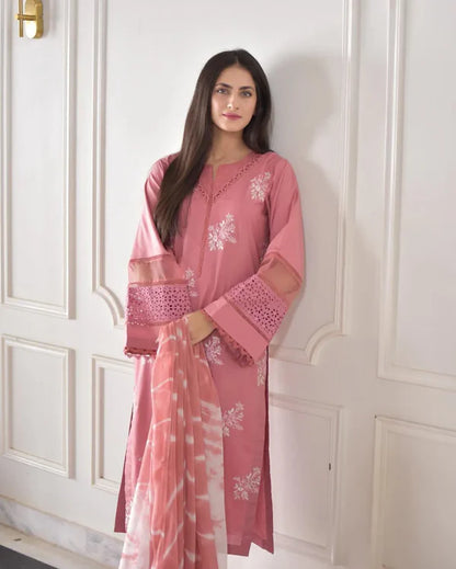 Pink Embroidered 3Piece with Monark  Dupatta