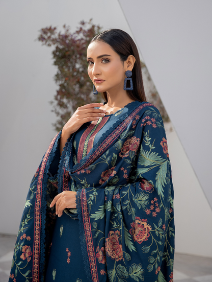 Teal Bloom Embroidered Dhanak 3 Piece