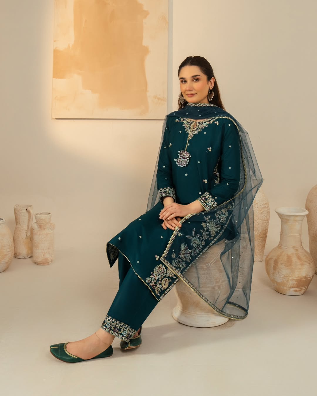 Teal glam Embroidered 3 piece Stitch
