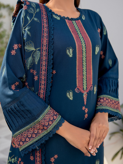 Teal Bloom Embroidered Dhanak 3 Piece