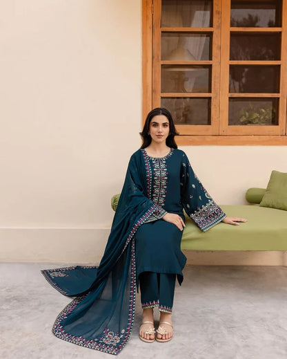 Teal Adab Embroidered 3 piece Stitch
