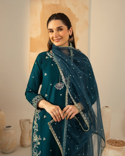 Teal glam Embroidered 3 piece Stitch