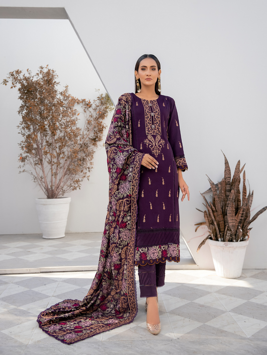 Royal Plum Embroidered  Dhanak 3 Piece