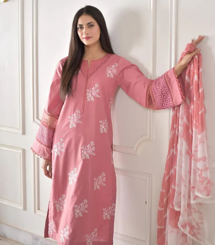 Pink Embroidered 3Piece with Monark  Dupatta