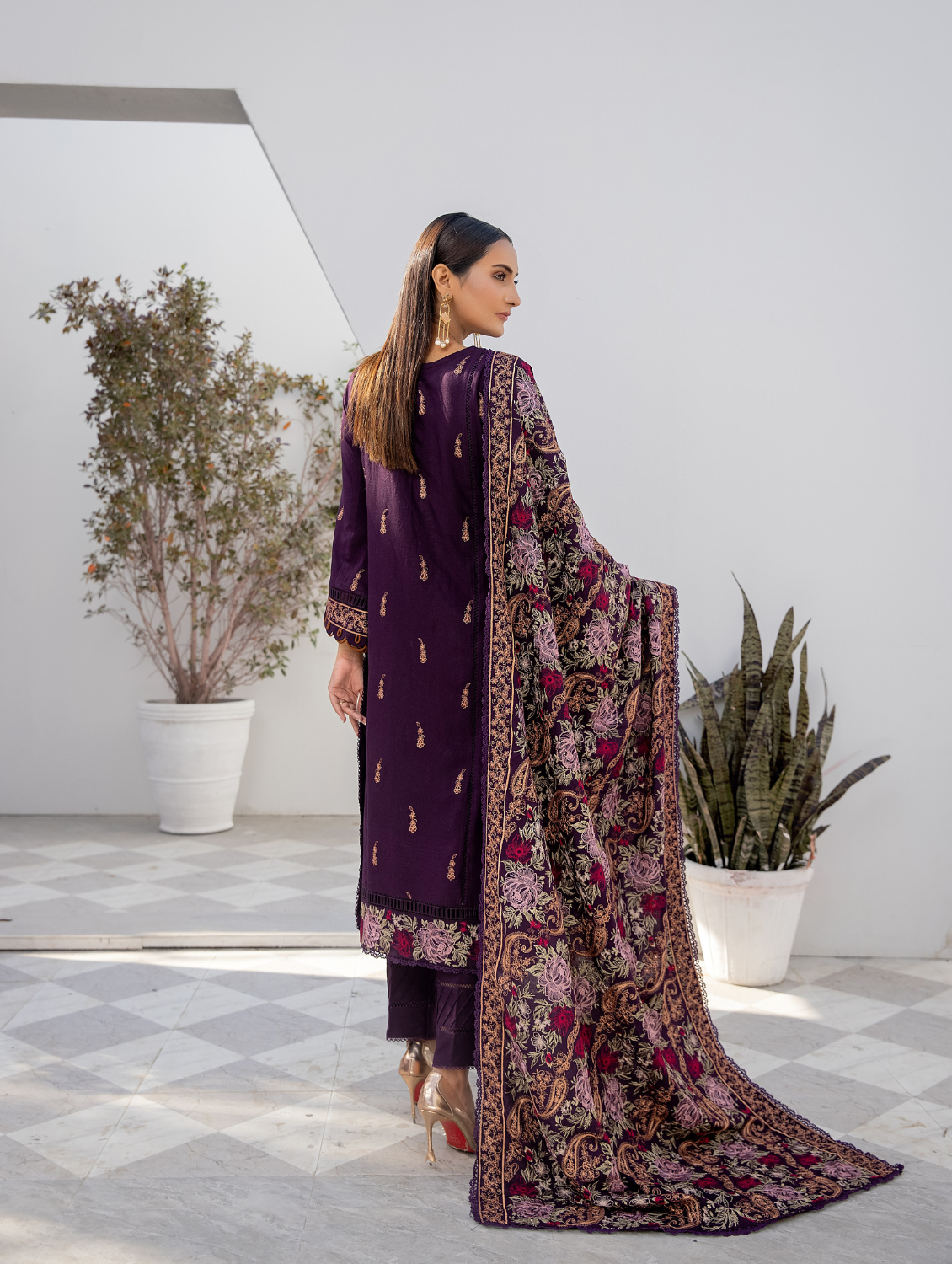 Royal Plum Embroidered  Dhanak 3 Piece