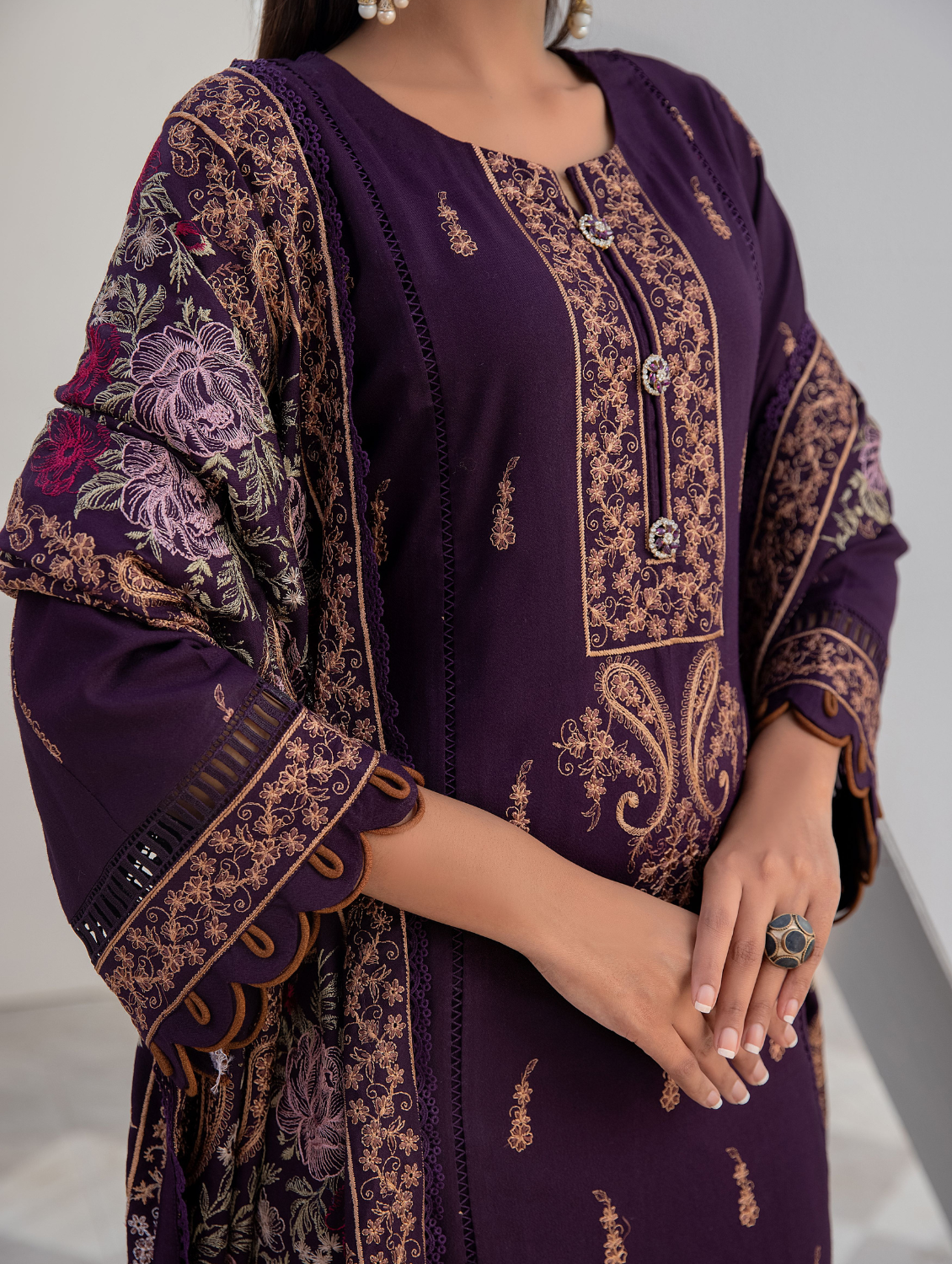 Royal Plum Embroidered  Dhanak 3 Piece