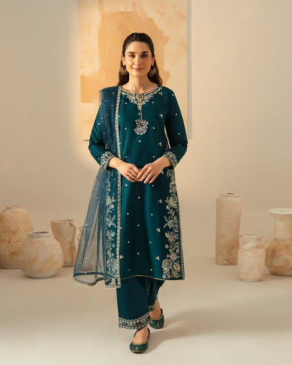 Teal glam Embroidered 3 piece Stitch