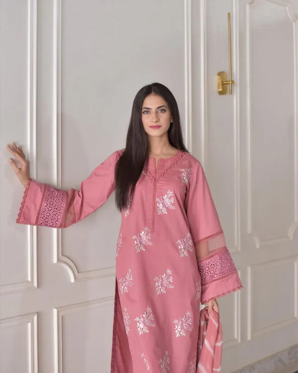 Pink Embroidered 3Piece with Monark  Dupatta
