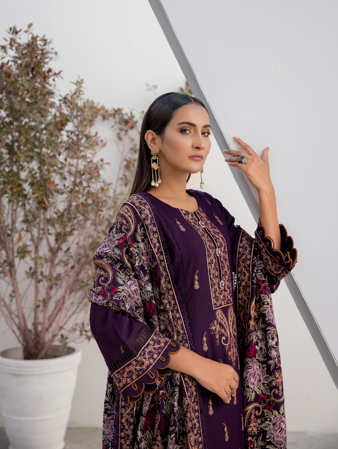 Royal Plum Embroidered  Dhanak 3 Piece