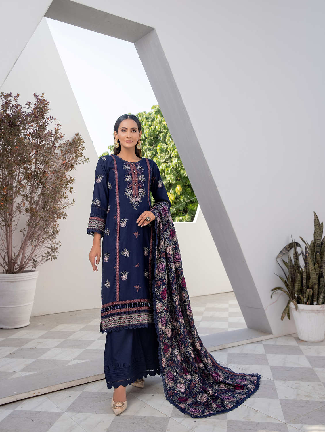 Midnight Navy Embroidered Dhanak 3 Piece
