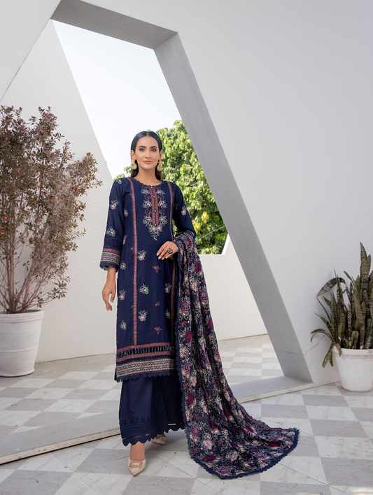 Midnight Navy Embroidered Dhanak 3 Piece